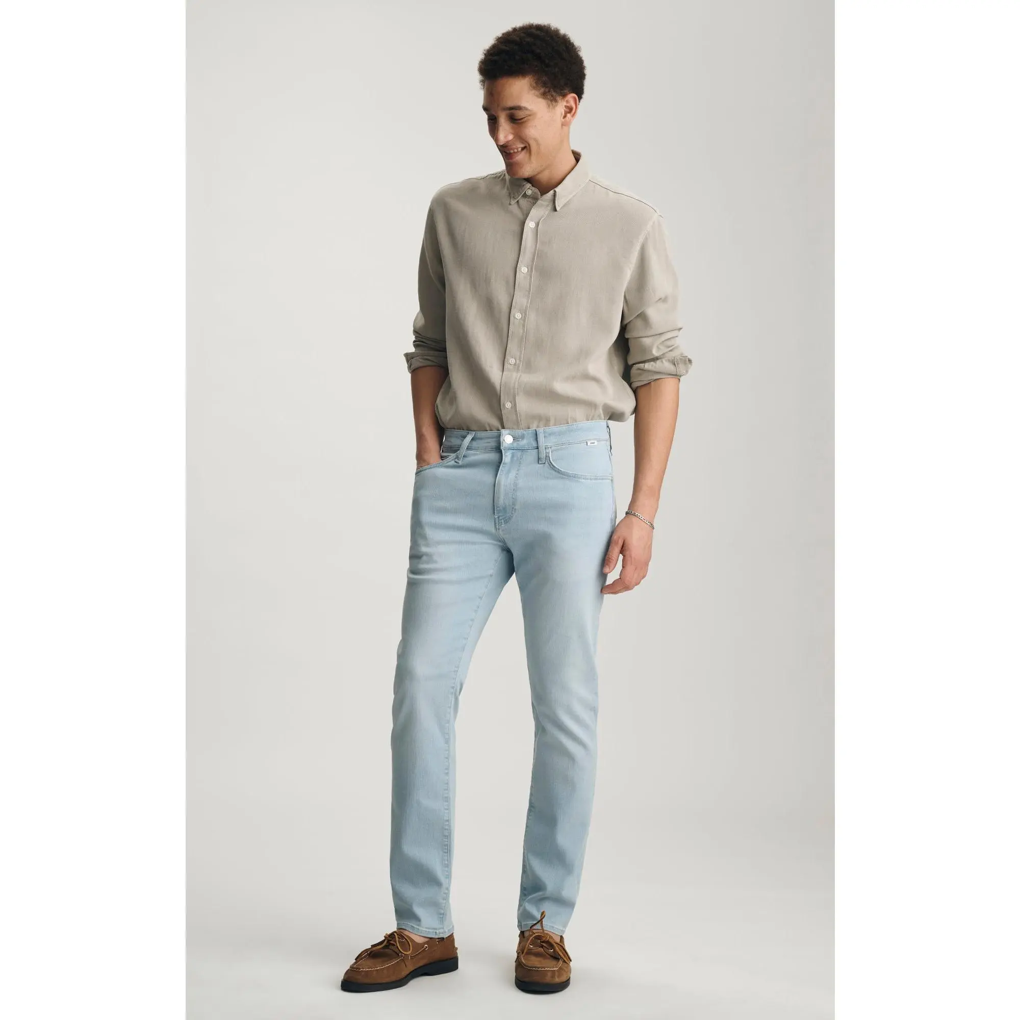Men's Jake Slim-Leg Jeans, Casual Regular Rise & Body-Flattering Modern Fit in Bleached Feather Blue Cotton Denim, Menswear, Pants, Body Flattering Men's Jeans, Bleached Wash, Blue Washed Denim Men's Jeans