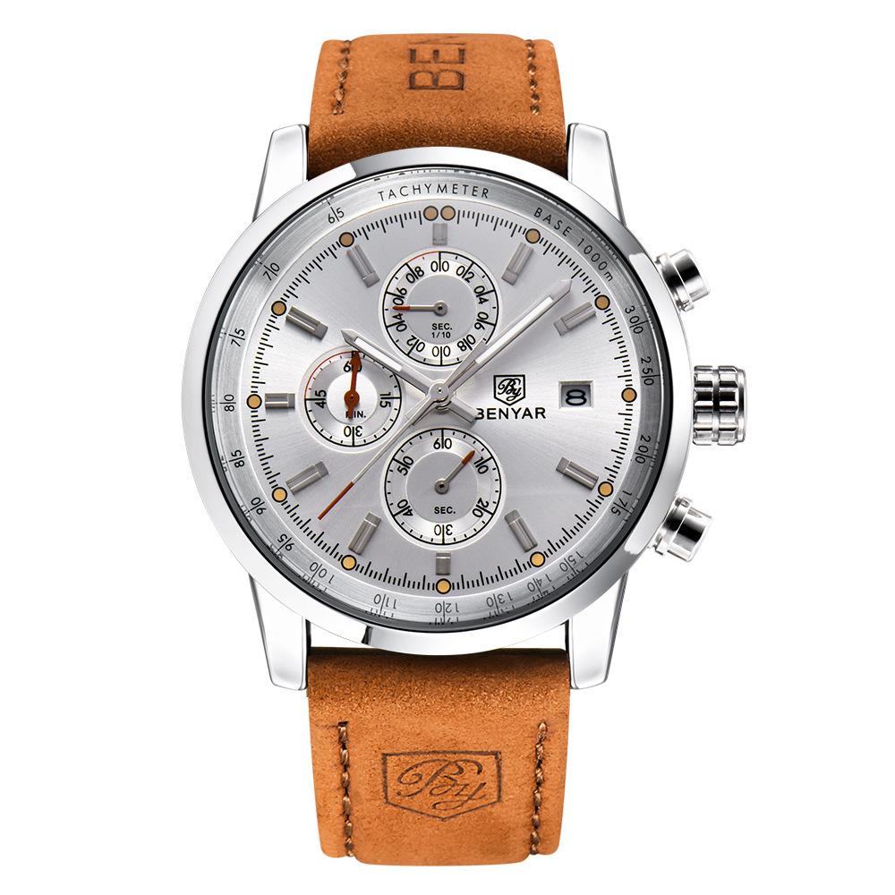Benyar BY-5102M Men's Chronograph Watch Luxury Quartz Leather Strap Casual Business Wristwatch