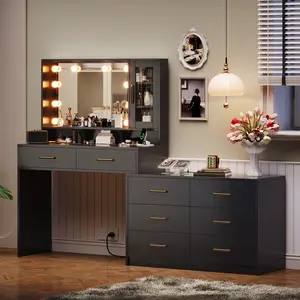 TOKSOM Large Vanity Desk with 3 Color Touch Screen Dimming Mirror,Vanity Desk with Charging Station,Modern Retractable Makeup Dressing Table,Vanity Table With storage shelves and 8 Sliding Drawers,White,Black
