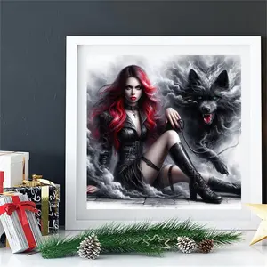Dark Girl & Wolf Diamond Painting Kit, Adult Art Craft Set, No Frame DIY 5D Round Drill Home Wall Decor, Beginner Friendly, Animals