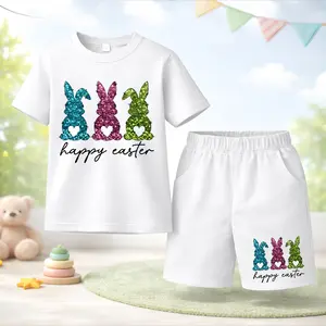 Unisex Kids Hapy Easter Rabbit Printed Design Short Sleeve T-Shirt and Shorts Set, Casual Kids Summer Outfit, Comfortable Crew Neck Clothing Set for Daily Wear and Outdoor Play