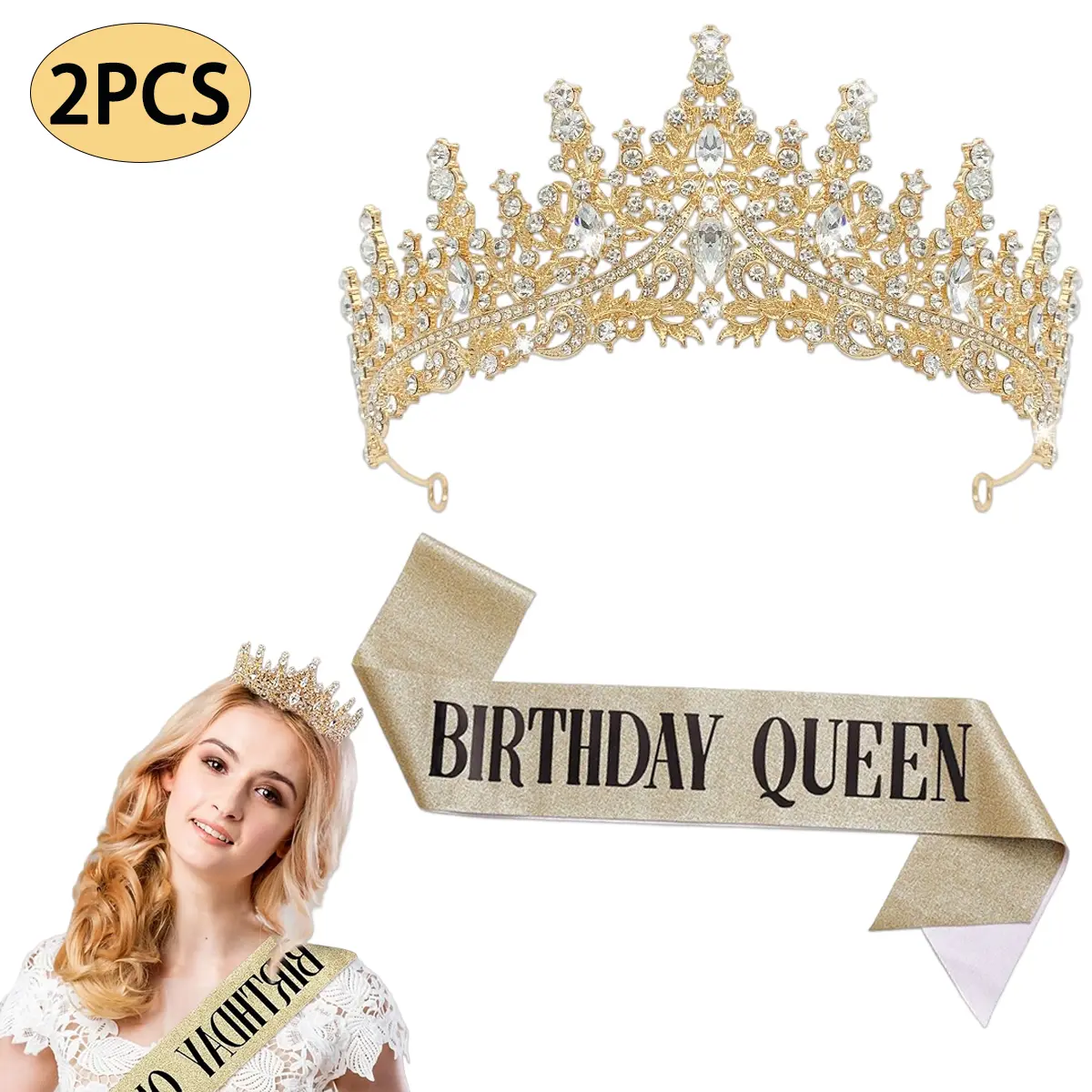 Women's Crystal Golden Crown, Rhinestone Princess Tiara Headband & Birthday Queen Sash Set - Chic Party Supplies for Wedding Bridal Hair Accessories, Photo Props
