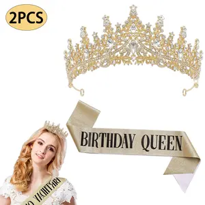 Golden Crown for Women Crystal Princess Tiaras Rhinestone Queen Headband & Birthday Queen Sash Set for Wedding Bridal Hair Accessories Birthday Prom Pageant Party Coming of Age Ceremony Photo Props Beautiful Girly Celebrate Fun Outfit Chic tiktokshopsprin