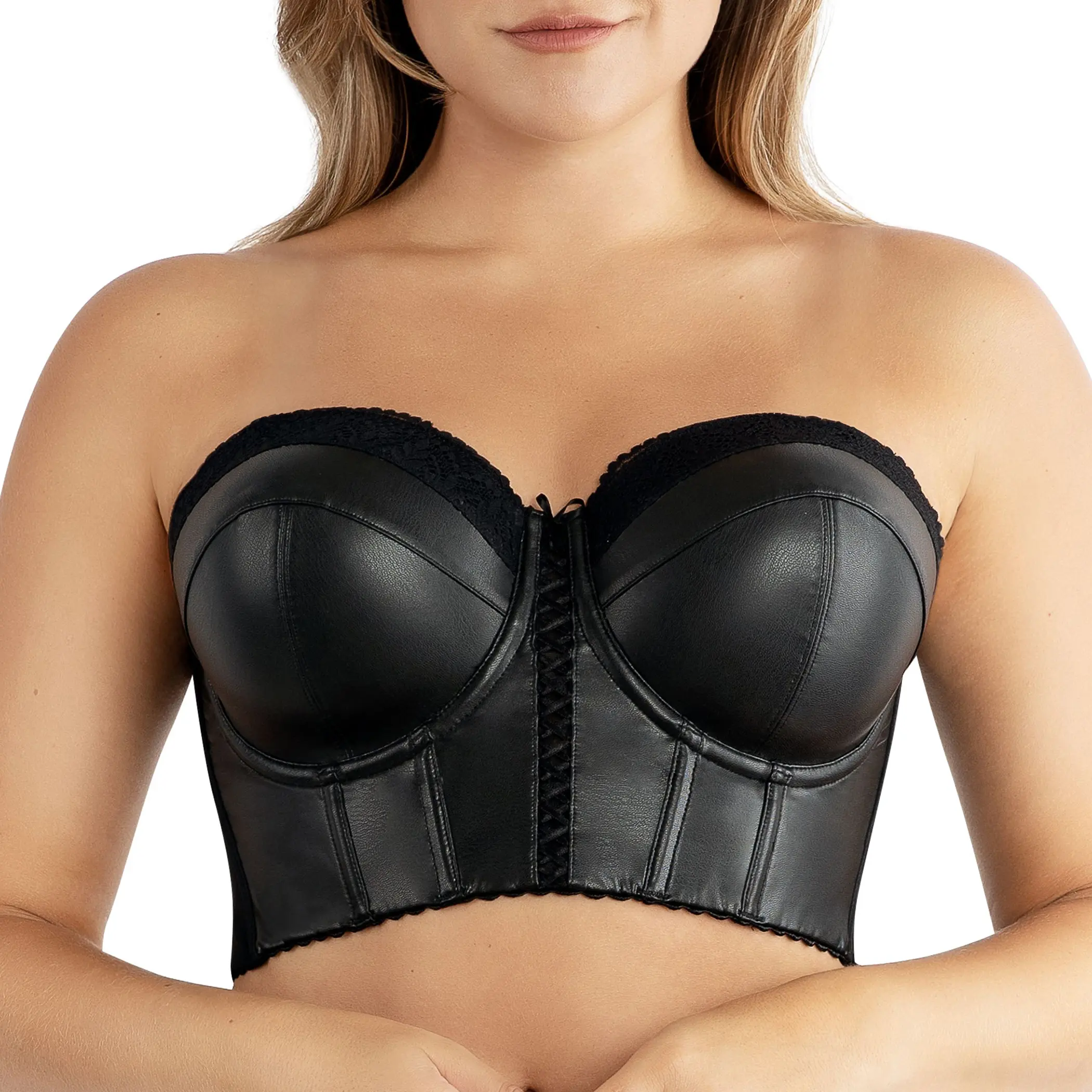 PARFAIT Stevie P50120 Women's Full-Busted Strapless Bustier with Lace Trim, Faux Leather Fabric, Non-Slip Gripper, Womenswear