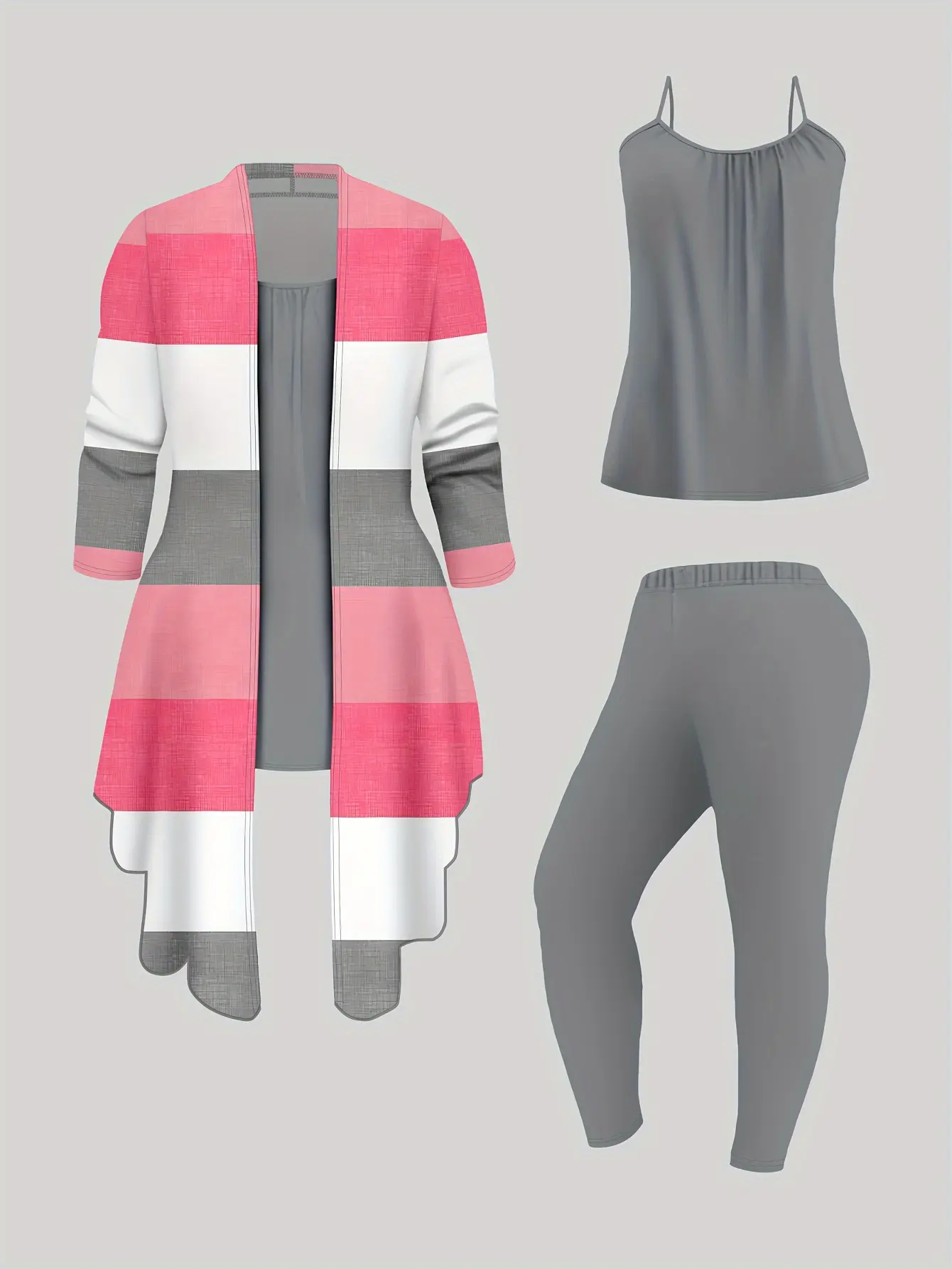 Women's 3-Piece Outfit: Color-Block Striped Irregular Long Cardigan + Ruched Camisole Top & High-Waisted Leggings Set