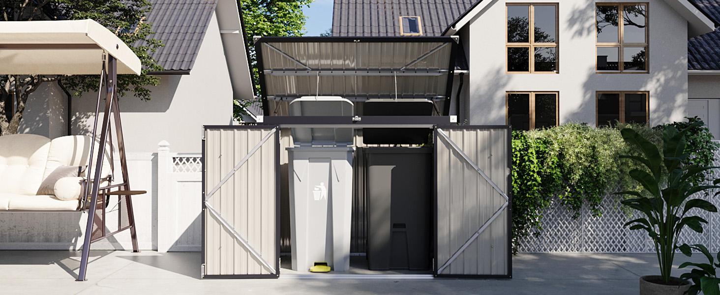 80 Cu. Ft Outdoor Trash Can Storage, 5.6x3.3 Ft Outdoor Storage Shed, Horizontal Metal Shed w/Lockable Doors & Waterproof Lid Chain - Holds Trash Cans, Toys, Garden Tools for Garden/Backyard/Patio 80 Cu. Ft Outdoor Trash Can Storage, 5.6x3.3 Ft Outdoor Storage Shed, Horizontal Metal Shed w/Lockable Doors & Waterproof Lid Chain - Holds Trash Cans, Toys, Garden Tools for Garden/Backyard/Patio