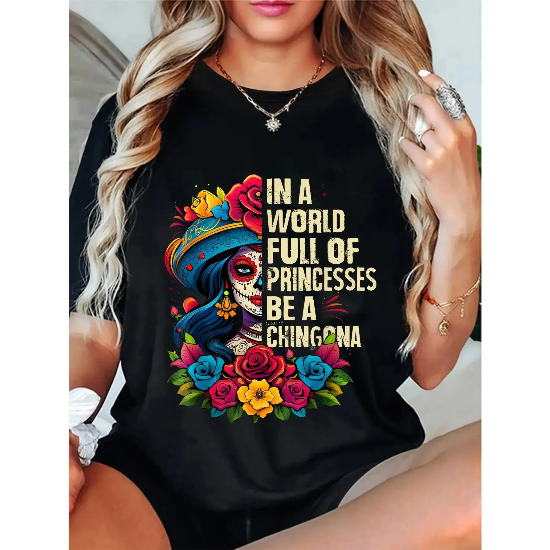 Unisex Short-Sleeve Round Neck Colorful Day of the Dead La Catrina T-Shirt - Women's Bohemian Sporty Chic Casual Comfy Sports Top for Streetwear, Shortsleeve, Bohemian Casual Trendy, Casual Comfy Fashion