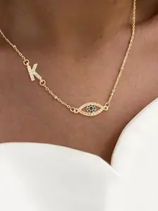 1Pcs Pave Zirconia Initial Eye Women Necklace Classic Golden Stainless Steel Bead Chain Necklace For Women