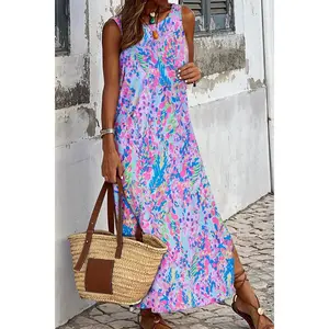 Slit Printed Wide Strap Maxi Dress Casual Polyester