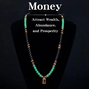 Unisex Long Sweater Chain Necklace, Green Aventurine & Tiger Eye Crystal Pendant, Money Attraction Healing Stone Jewelry for Anniversary, Vacation & Daily Gifting