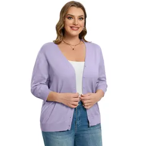 Women's Plus Size V-Neck Cardigan Casual 3/4 Sleeve Knit Button Down Open Front Sweater Purple 4XL
