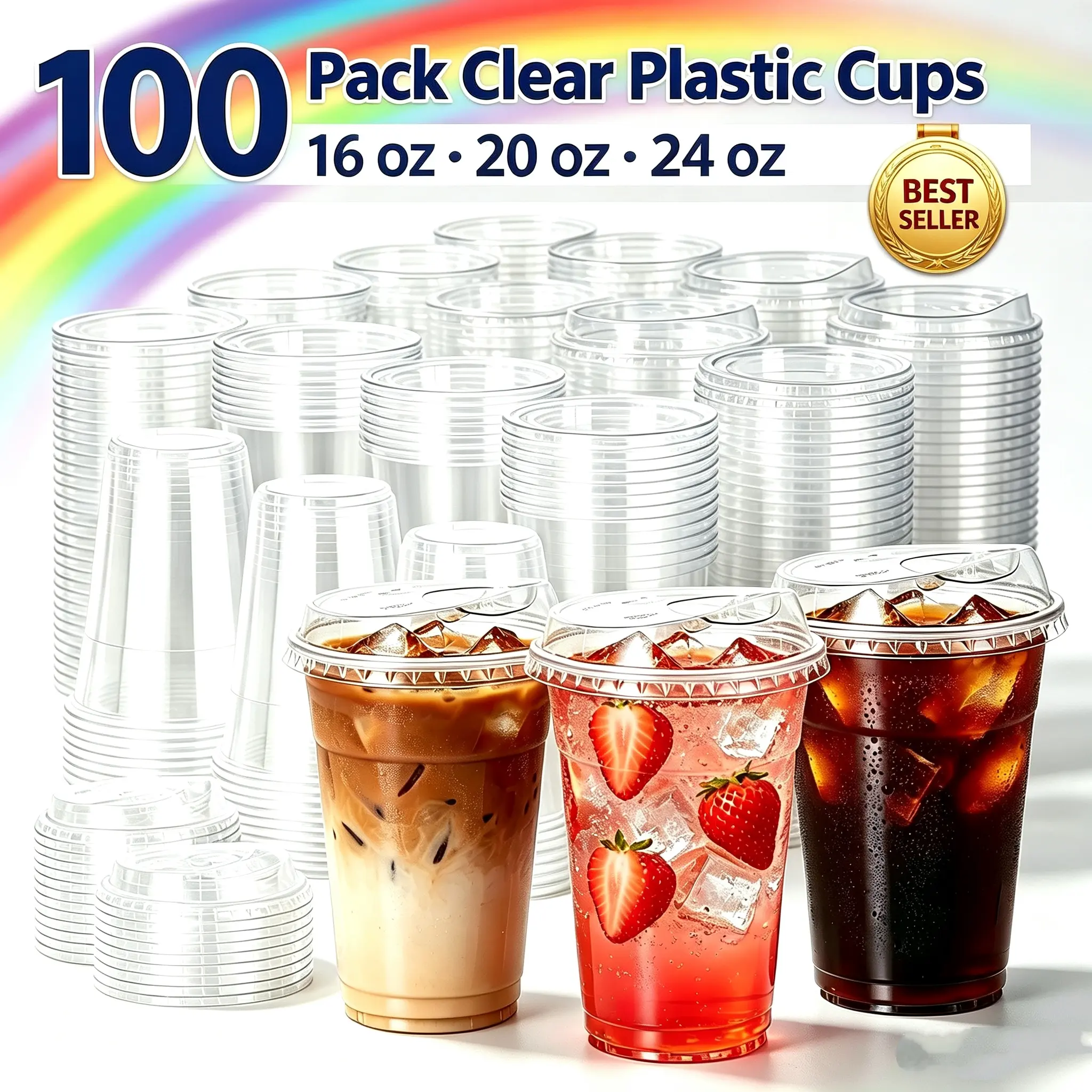100 Pack Clear PET Disposable Plastic Cups (No Straw Hole), 16/20/24oz, For Iced Coffee, Cold Drinks, Party & Commercial Use#tiktokshopsummersale