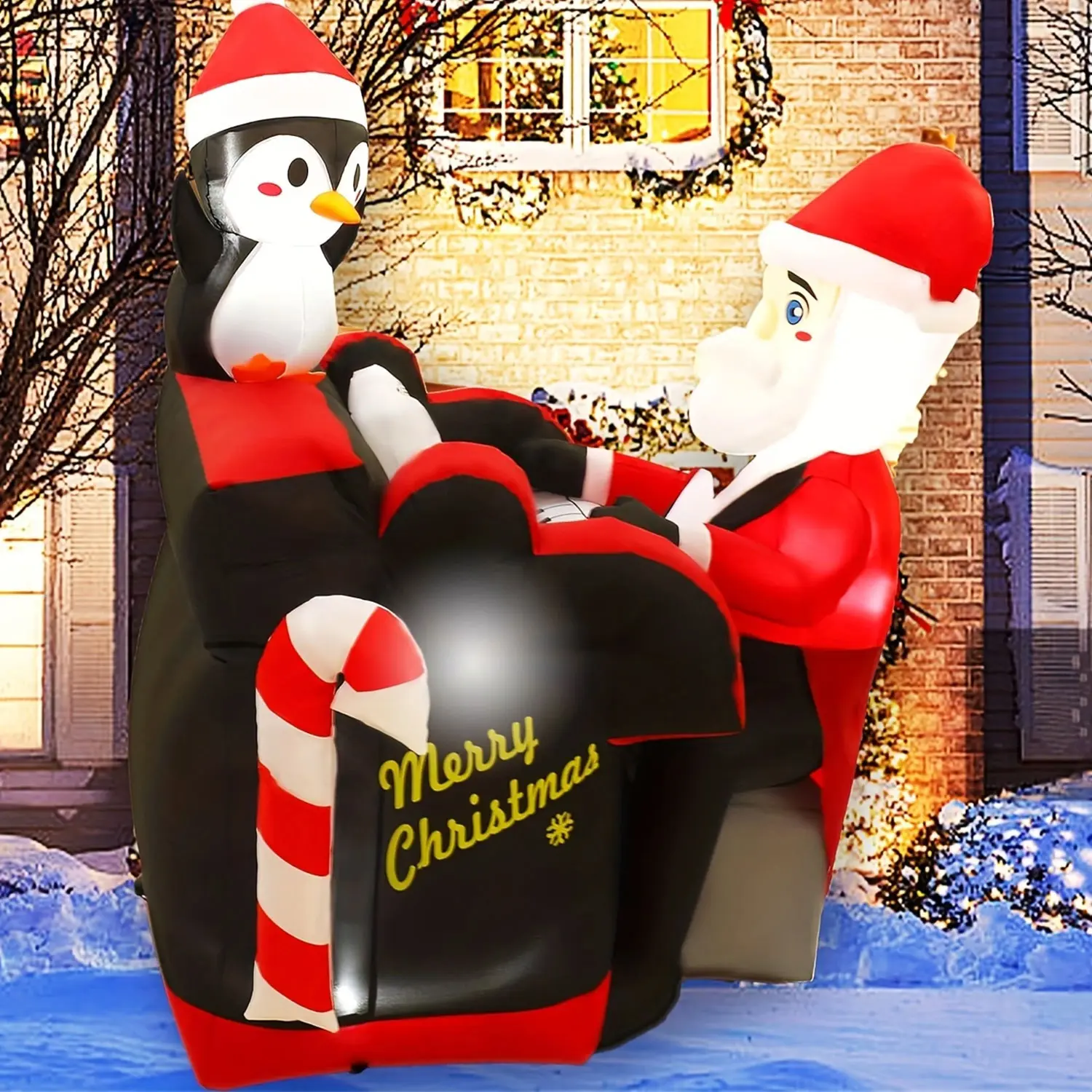 4.99FT Tall Christmas Inflatable Santa Playing the Piano with Penguin Dancing Decoration, Xmas Blow Up Santa Inflatables Built-in 4 Led Lights for Christmas Holiday Yard Lawn Outdoor Decoration
