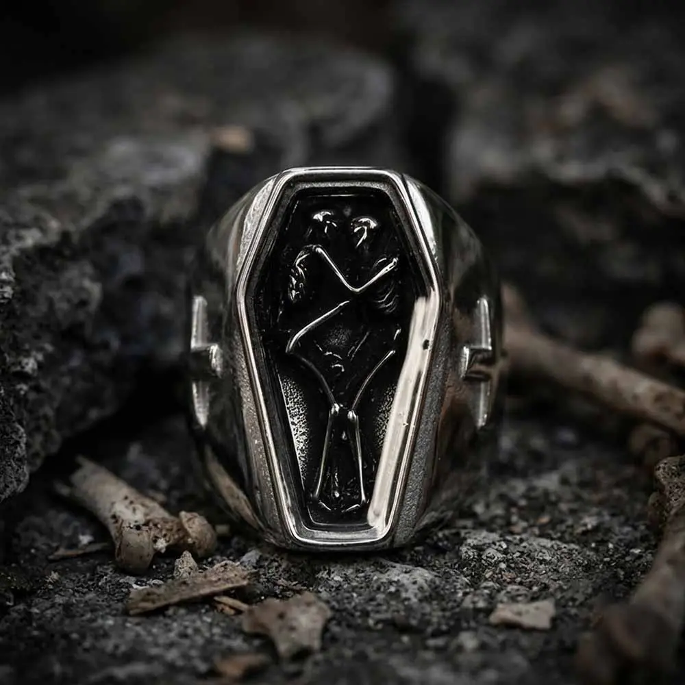 GTHIC Vintage Gothic Ring Crafted from Stainless Steel Featuring Skull Coffin & Till Death Cross Engraving Bold Alternative Wrist Ornament Biker Gatherings & Holiday Gift Selection