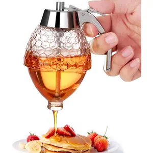 8oz No Drip Glass Honey Dispenser with Stand, Elegant Honeycomb Honey Jar Container for Coffee Syrup Maple Syrup, Ideal for Tea Time and Gifting