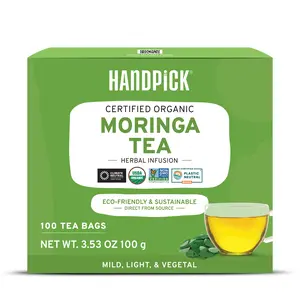 HANDPICK, Organic Moringa Tea Bags (100 Count) Non-GMO, Caffeine Free, USDA Organic Ingredients- Pure Moringa Leaves | Sweet and Light Herbal Tea Bags, Round Eco-conscious Tea Bags Beverage Natural