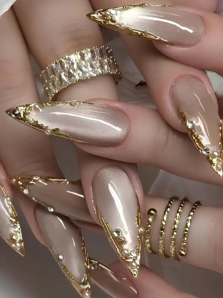 Champagne Cat Eye Press On Nails, Gold Chrome Nails, Luxury Gold Metallic Textured Nails, Glossy Nude Stiletto Nails with Gold Foil & Rhinestone Luxury Set