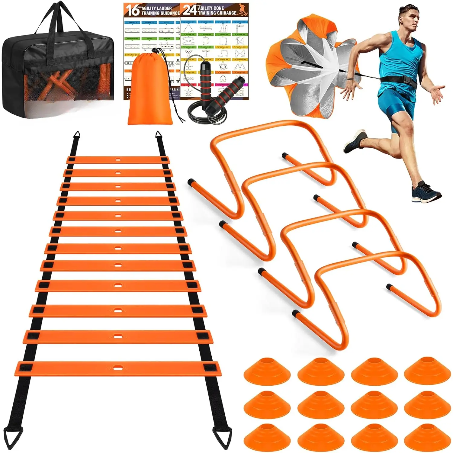 Agility Ladder Speed  Equipment Set-20ft Agility Ladder,12 Soccer Cones,4 Hurdles, Jump Rope, Running Parachute, Basketball Football Soccer  Equipment for , Youth, Adults
