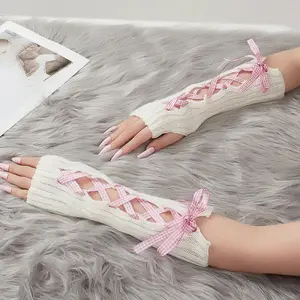 Y2K Pink Ribbon Long Tube Winter Gloves for Women