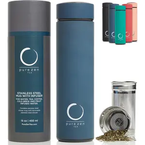 Pure Zen Tea Thermos with Infuser for Tea, Coffee and Fruit-Infused Water - Stainless Steel - Tea Infuser Bottle - Tea Tumbler with Infuser - Leakproof Travel Tea Mug - Tea Infuser Cup - 15Oz - Blue Pure Zen Tea