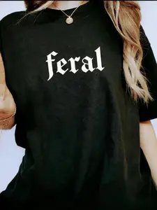 Women's "FERAL" Slogan Print Round Neck Tee, Fashion Casual Crew Neck Drop Shoulder T-Shirt for Daily Holiday Vacation Outdoor Wear, Ladies Clothes for All Seasons