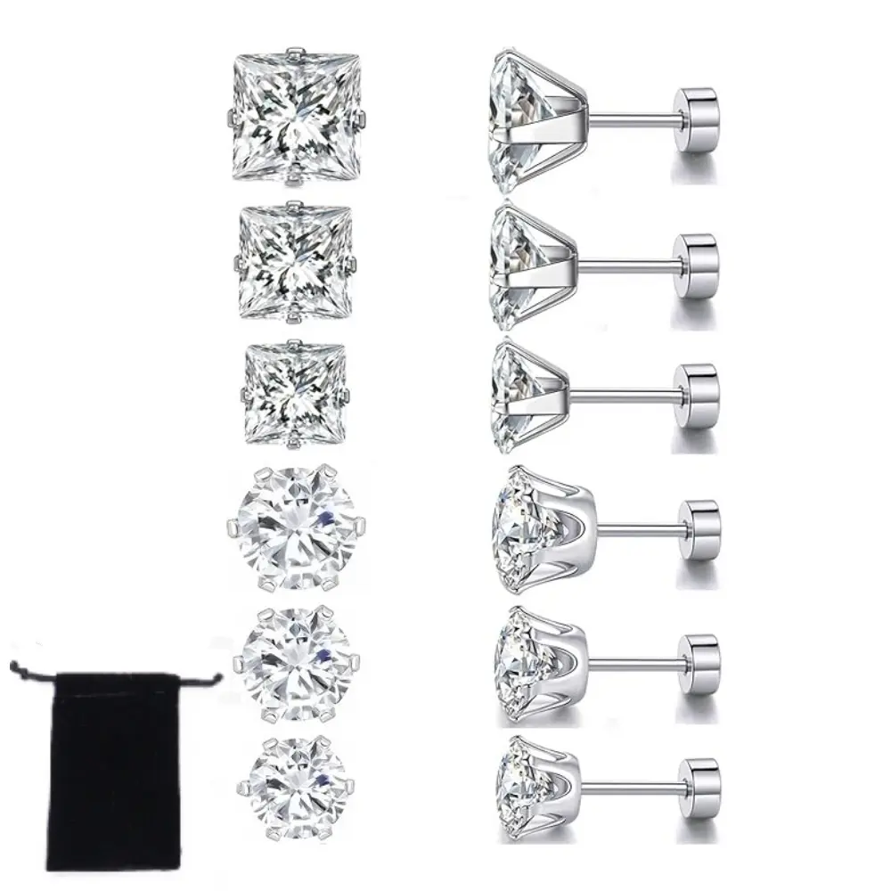 Titanium Flat Back Earrings - Pack of Surgical Stainless Steel Round Square Princess Cut CZ Screw Back Stud For Women Men Hypoallergenic Cubic Zirconia men's Earrings