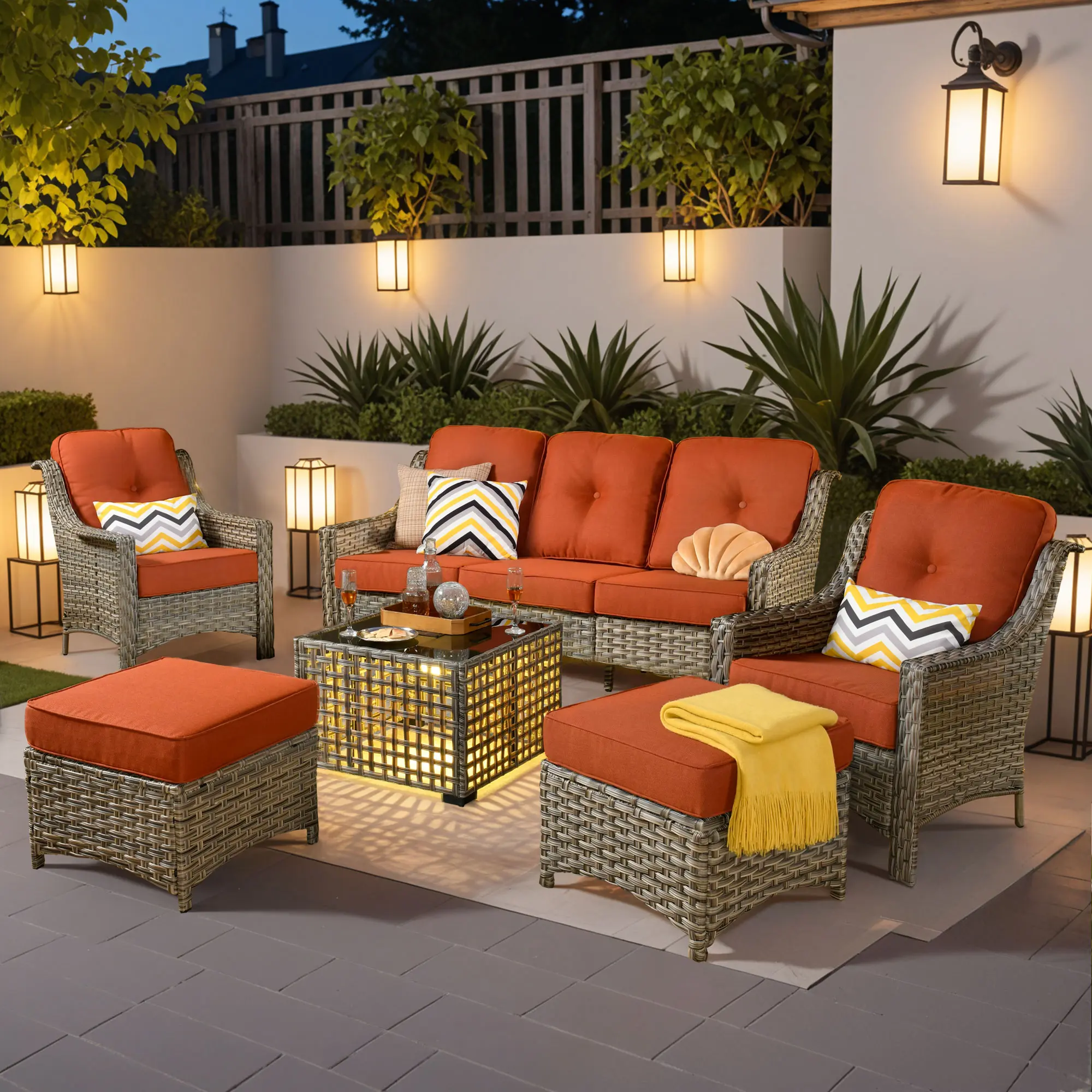 【4 Packages Shipping】HOOOWOOO 6 Pieces Outdoor Patio Furniture with 3 Seat Sofa, Rattan Wicker Coversation Set, Balcony Sofa Set with Shiny Table for Outside Porch Backyard Pool, Dark Grey