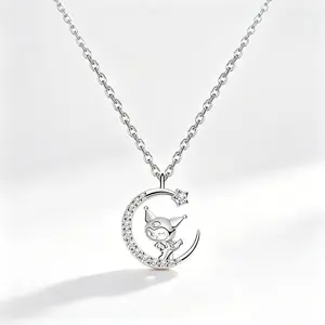 SANRIO Kuromi Moon Silver Necklace – Gothic Glam Pendant with Iconic Kuromi Skull Bow Design and Silver Finish, Unique Character Jewelry for Alt Fashion Lovers