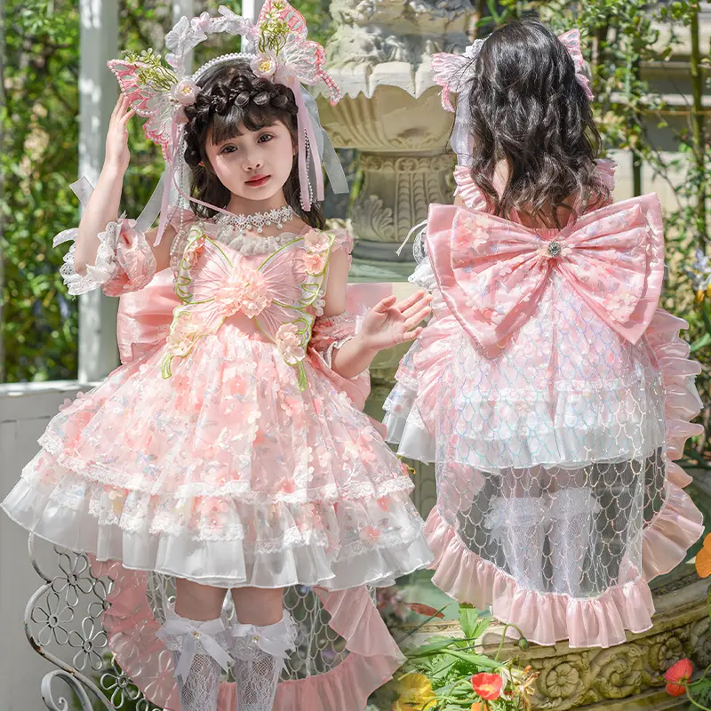 Girls' Floral Lolita Princess Dress, Cotton & Tulle Tiered Skirt with Big Back Bow, Toddler Birthday Party Outfit for Photoshoots 1-6Y, Little Girl Dress, Lovely Bow Dress