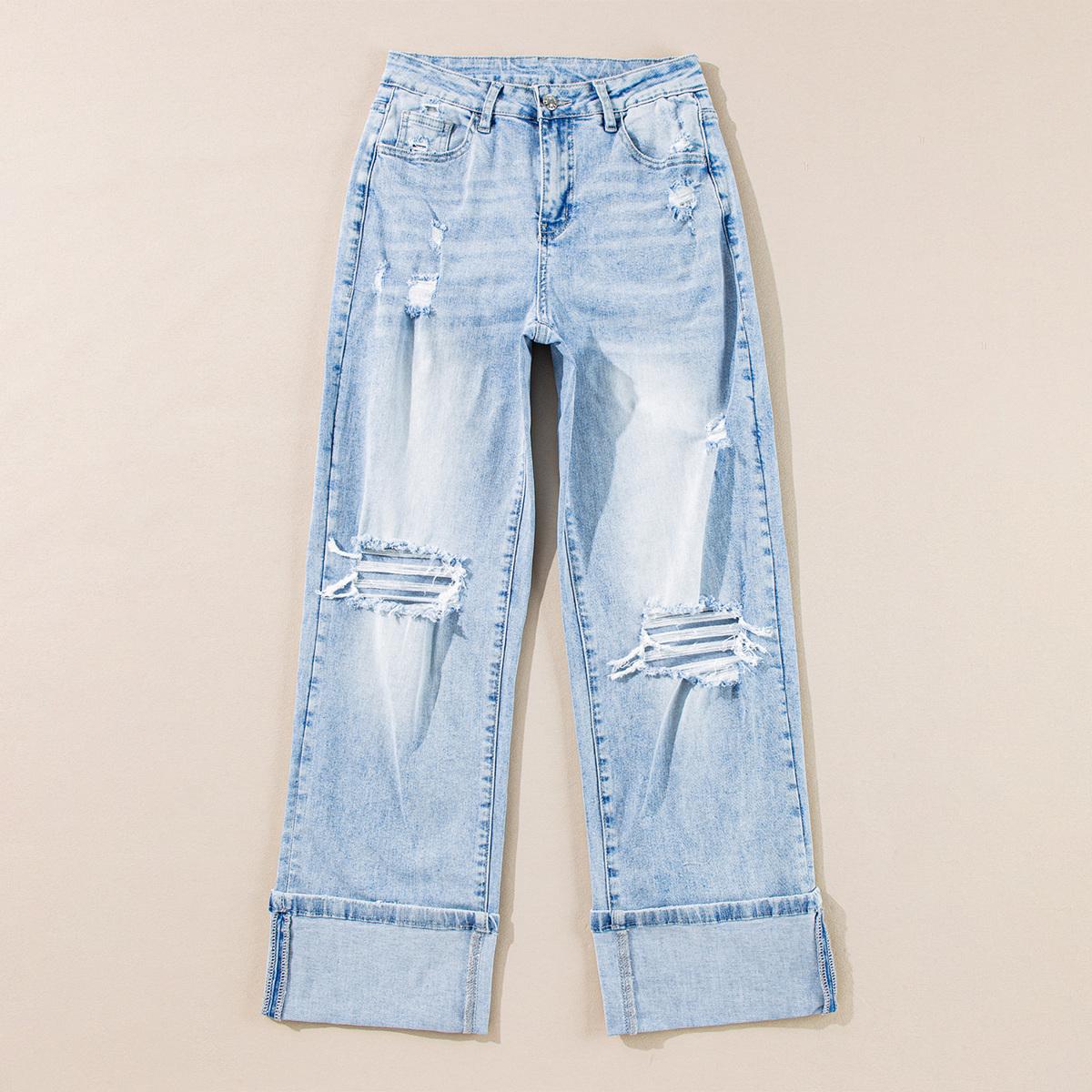 Beau Blue Light Wash Distressed Women's Wide Leg Flare Jeans 90s Inspired Vintage Style Denim 93% Cotton 5% Polyester 2% Elastane - Womenswear, Pants, Minimalist