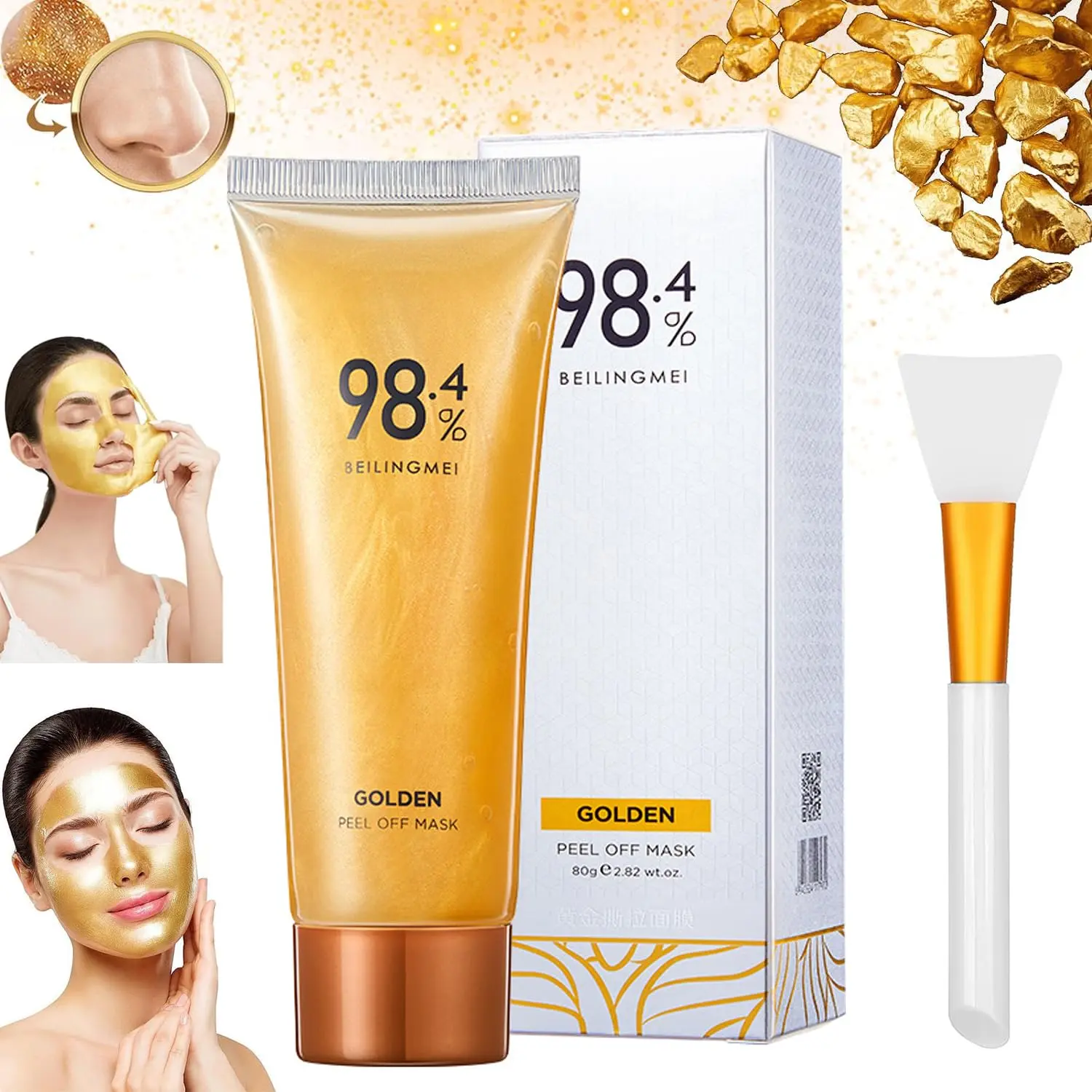 24K Gold Foil Peel-Off Face Mask with Brush - Blackhead Remover, Anti-Wrinkle Mask for All Skin Types - The Perfect Gift for Women