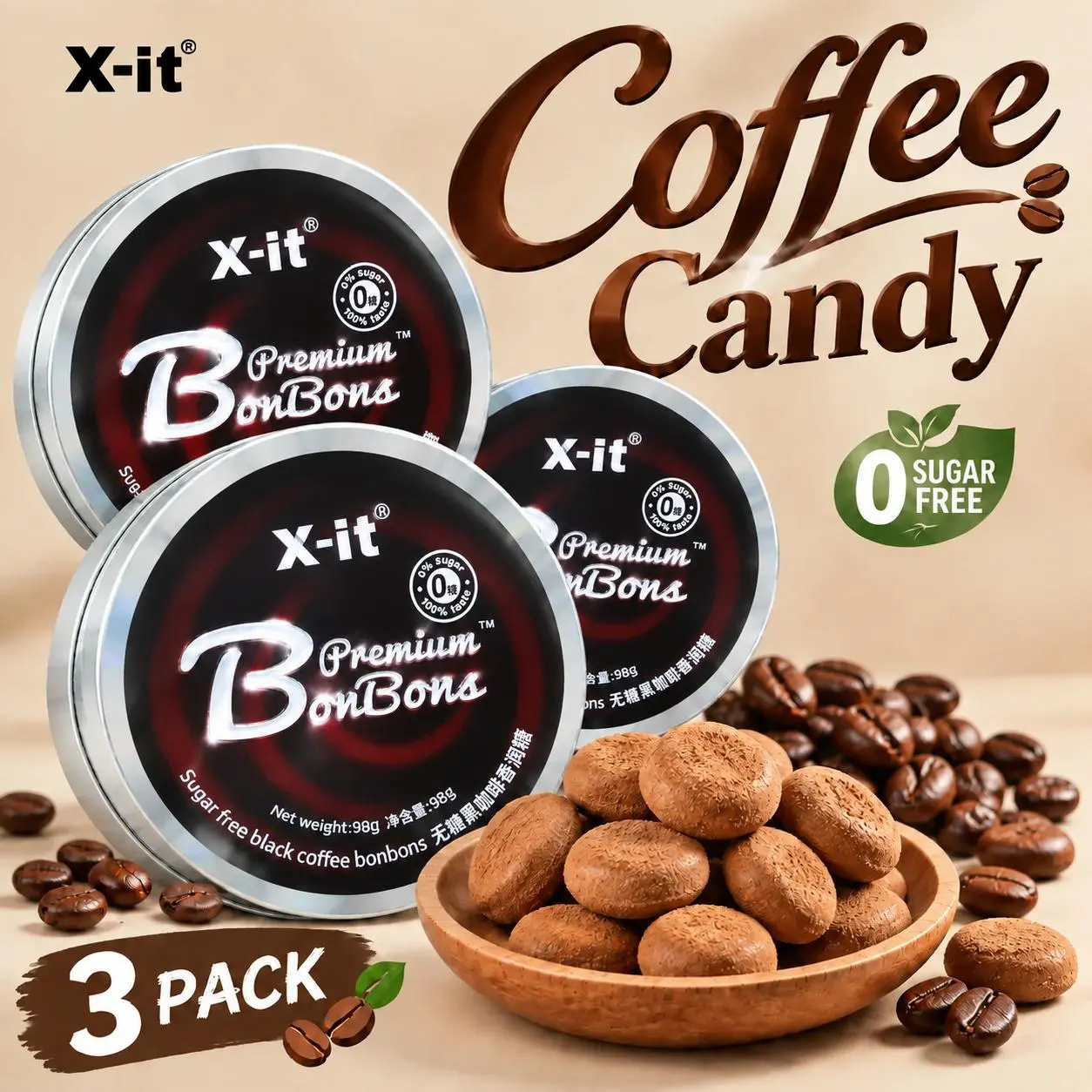 X-it Sugar Free Black Coffee Candy Mints 98g, 3-Tin Pack, with Vitamin C, Hard Candy Breath Mints for Office, Driving & Workouts, Gluten Free, No Aspartame Sweet Bonbon