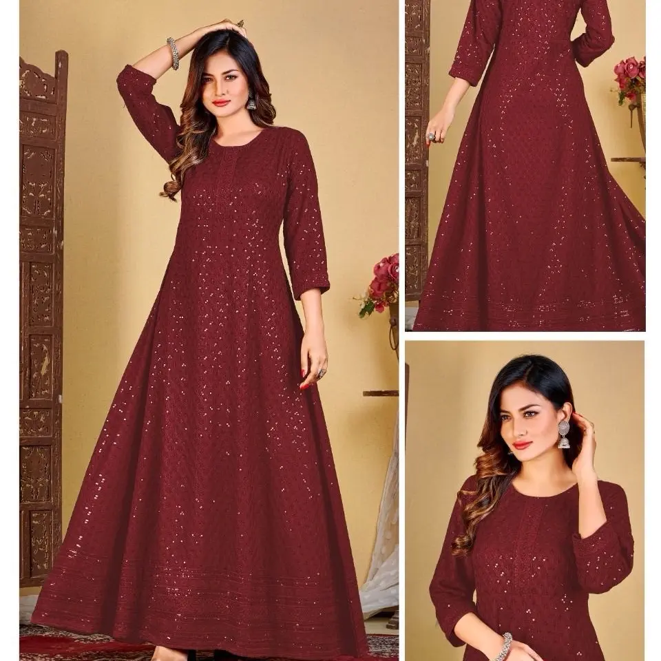 Fashion Chikenkari Cotton Gown Embroidered 3/4 Sleeves Maxi Dress M/38, L/40, XL/42, XXL/44 Made in India Casual Summer Wear - Rider