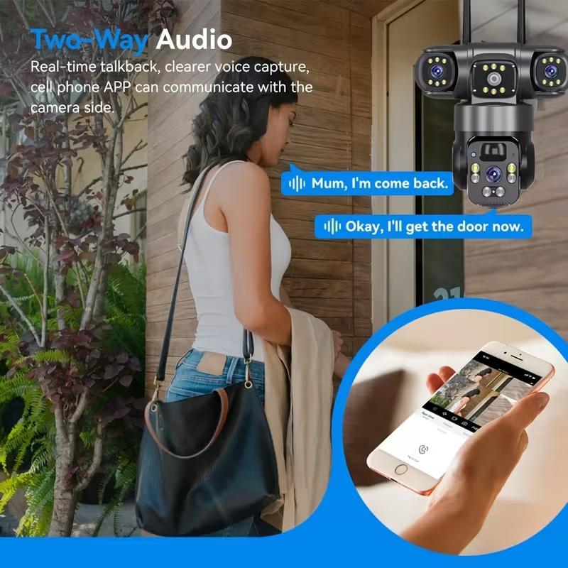 High Definition 4K/9MP | Wireless Outdoor Solar Powered Security Camera – 2.4G Hz Wiif, 360° Panoramic View PTZ Camera, 3-Lens, PIR Human Detection, Alarm Push, Color Night Vision, Two-Way Audio, Solar Panel Or USB Charging