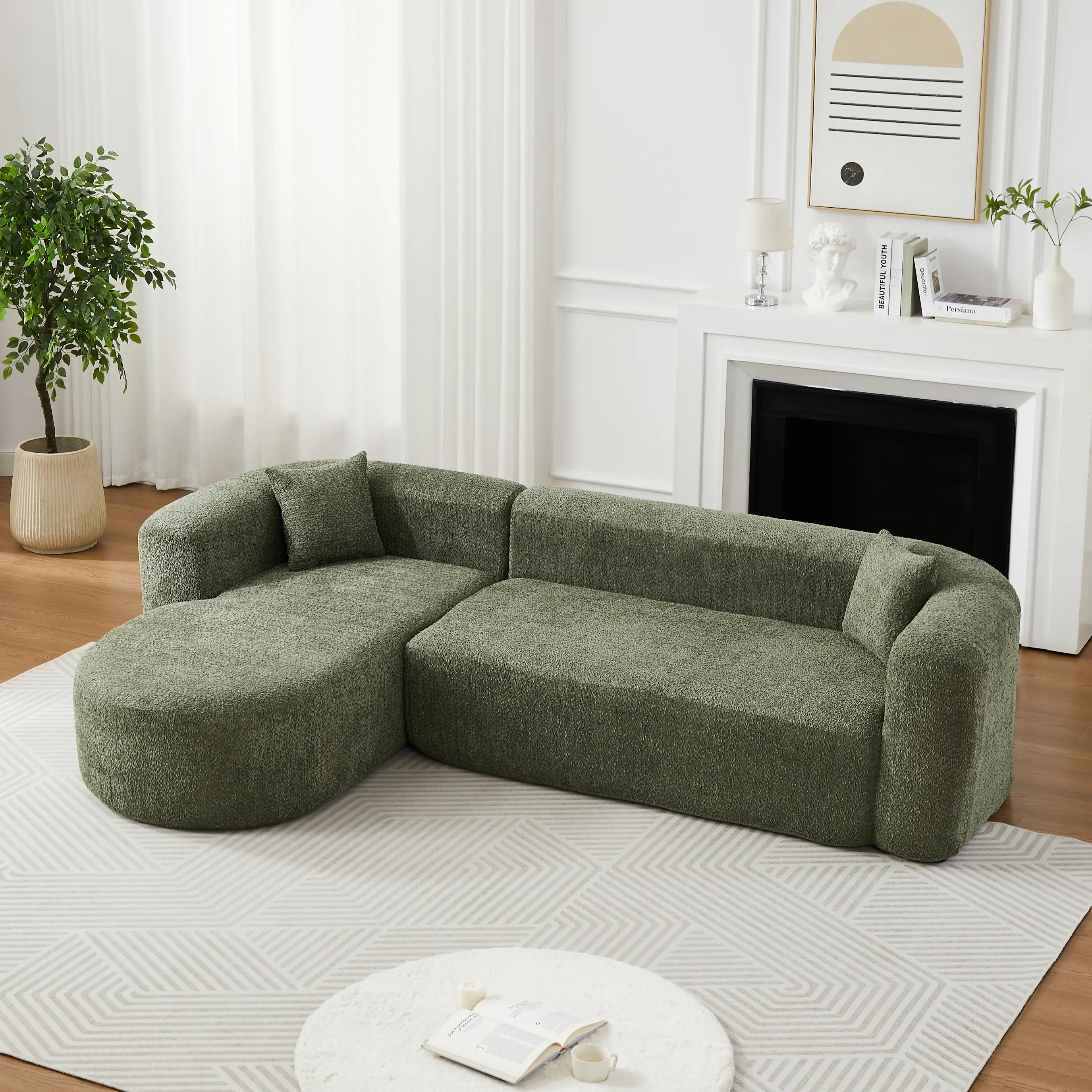 109.4-Inch Modular L-Shape Sectional Sofa with Left Chaise, Luxury Modern Curved-Back Boneless Cloud Couch, Chenille Upholstery, 2 Throw Pillows, Minimalist Comfort (Beige/Gray/Green)