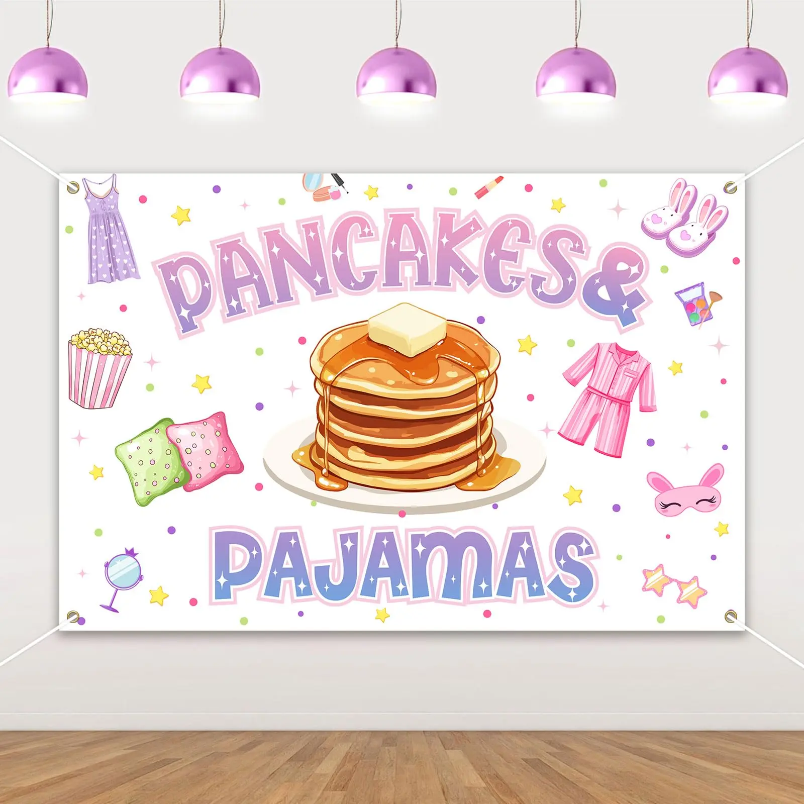 1Set Pancakes and Pajamas Backdrop 3x5ft Pajamas Birthday Sleepover Party Photography Background Pillow Fight Decor Slumber Bachelorette Spa Theme Decorations Studio Photo Props Supplies