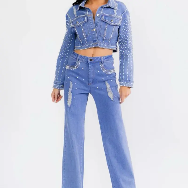 Women's Pearl Denim 2-Piece Set, Long-Sleeve Jacket & Button-Closure Pants