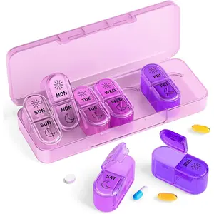 7-Day AM & PM Pill Organizer, Cute Gradient Pink-Purple Weekly Pill Case, Home Organizer Storage Box for Travel, Vitamins, Fish Oils, Supplements