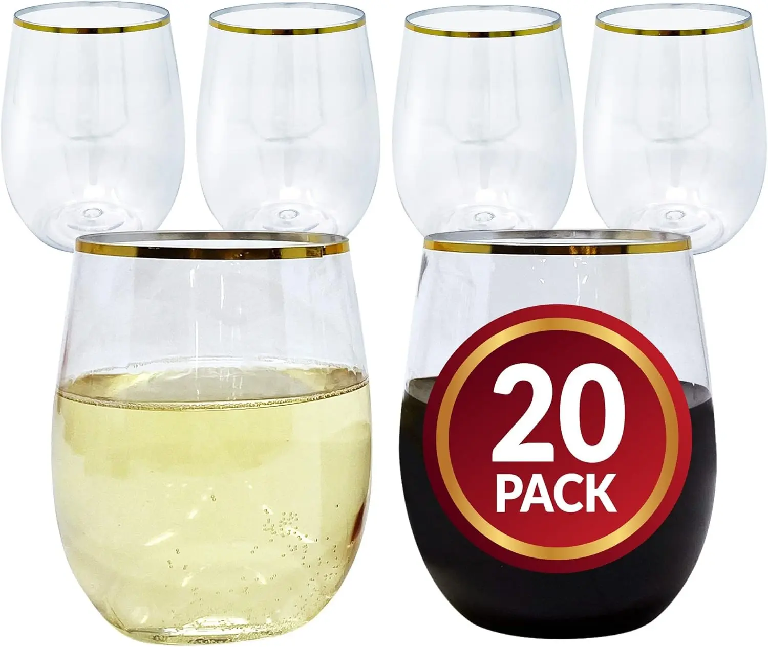 Reli. 12oz. Disposable Wine Glasses Gold-Rim (20 Pack) Stemless Crystal Clear | Reusable & Recyclable BPA-Free Food-Grade Plastic | Shatterproof Party Cups for Juices, Cocktails, Whiskey Any Occasion Gift