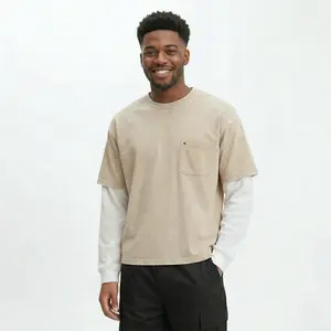 Double Layer Cropped Boxy T-shirt by High Level HL | Ivory, Cream, Champagne | Stonewashed Contrast Sleeves Pocket Heavyweight Drop Shoulder