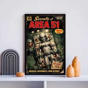 Vintage Area 51 Comic Book Cover Poster, Alien Horror Sci-Fi Print, Classic Atomic Age UFO Decor, Retro Futurism Art, Unframed Print Only