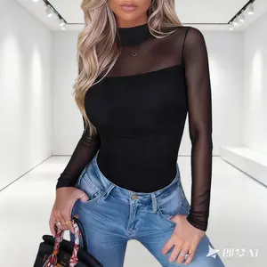 Women's Contour Turtleneck Bodysuit - Long Sleeve Mesh Body Sculpting Top| Premium Seamless Leotard for Evening Wear & Trendy Outfits