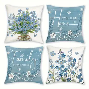 4pcs, Spring Themed Throw Pillow Covers, Blue Flower Patterns, Wedding Season and Graduation Season Floral Geometric Design, Suitable Spring Living Room, Bedroom, Sofa and Bed Decoration, 2D Flat, Single Sided Printing, No Pillow Core