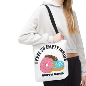 Rudy's Baked - Donut Trio White Tote Bag, Playful Food Puns