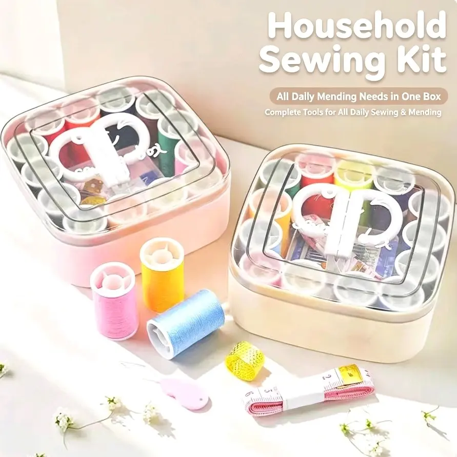 Cute Smiley Sewing Box Complete Household Sewing Kit Multicolor Thread Spools Needle Scissor Storage Box DIY Mending Tools for Home Travel