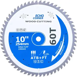 10-Inch Fine Finish Miter/Table Saw Blade, Combination ATB+Flat 60-Tooth, for Wood, Plywood, Plastic, Veneer, Lumber, Laminate, 5/8" Arbor (Miter/Table 60T-Finishing)