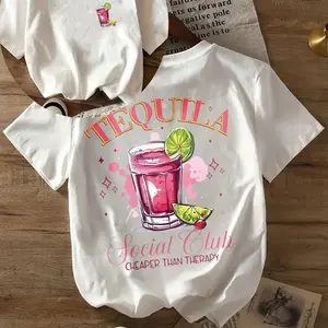 Women's casual tequila pattern T-shirt-comfortable, breathable, double-sided print, slim, street fashion, gray with pink agave design, perfect choice for spring and summer, summer top | playful print | breathable fabric