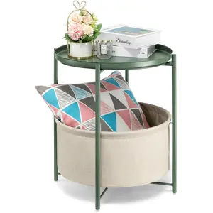 Round Side Table with Fabric Storage Basket, Metal Side Table Small Bedside Nightstand with Removable Tray for Living Room, Bedroom, , Dark Green