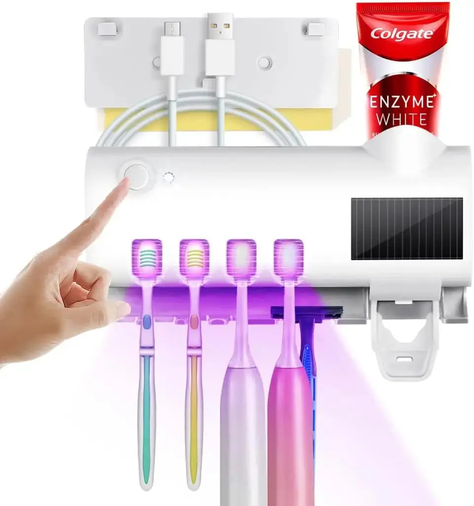 Wall-Mounted Smart Toothbrush Sanitizer - UV-Free Solar Powered with Automatic Toothpaste Dispenser & Rechargeable Battery