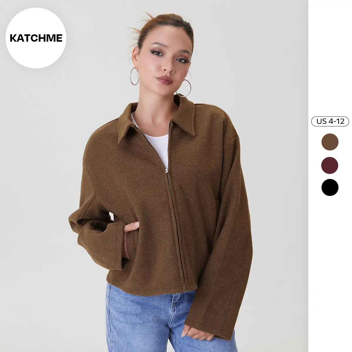 KatchMe Women's Basic Solid Color Collared Zipper Long Sleeve Cozy Outerwear, Side Pocket Soft Cardigan for Fall & Winter, Comfortable Womenswear